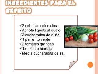 2 cebollas coloradas
Achote liquido al gusto
3 cucharadas de aliño
1 pimiento verde
2 tomates grandes
1 onza de hierbita
Media cucharadita de sal
 