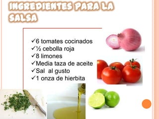 6 tomates cocinados
½ cebolla roja
8 limones
Media taza de aceite
Sal al gusto
1 onza de hierbita
 