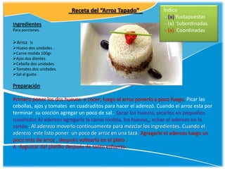 _Receta del “Arroz Tapado”_             Índice
                                                                  - (a) Yuxtapuestas
Ingredientes                                                      - (a) Subordinadas
Para porciones.                                                   - (a) Coordinadas

Arroz ½
Huevo dos unidades .
Carne molida 100gr.
Ajos dos dientes.
Cebolla dos unidades.
Tomates dos unidades.
Sal al gusto.

Preparación

Primero poner los dos huevos a cocer; luego el arroz ponerlo a poco fuego. Picar las
cebollas, ajos y tomates en cuadraditos para hacer el aderezó. Cuando el arroz esta por
terminar su cocción agregar un poco de sal.. Sacar los huevos, picarlos en pequeños
cuadrados Al aderezo agregarle la carne molida, los huevos,; echar el aderezo en la
sartén . Al aderezo moverlo continuamente para mezclar los ingredientes. Cuando el
aderezo este listo poner un poco de arroz en una taza. Agregarle el aderezo luego un
poco más de arroz , después voltearlo en el plato .
A degustar del platillo después de tanto esfuerzo.
 