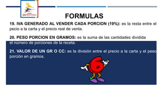 FORMULAS
19. IVA GENERADO AL VENDER CADA PORCION (19%): es la resta entre el
pecio a la carta y el precio real de venta.
20. PESO PORCION EN GRAMOS: es la suma de las cantidades dividida entre
el número de porciones de la receta.
21. VALOR DE UN GR O CC: es la división entre el precio a la carta y el peso
porción en gramos.
 
