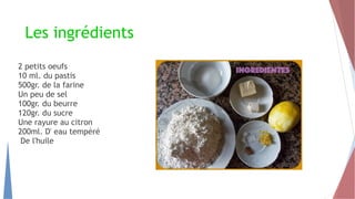 Les ingrédients
2 petits oeufs
10 ml. du pastis
500gr. de la farine
Un peu de sel
100gr. du beurre
120gr. du sucre
Une rayure au citron
200ml. D' eau tempéré
De l'huile
 