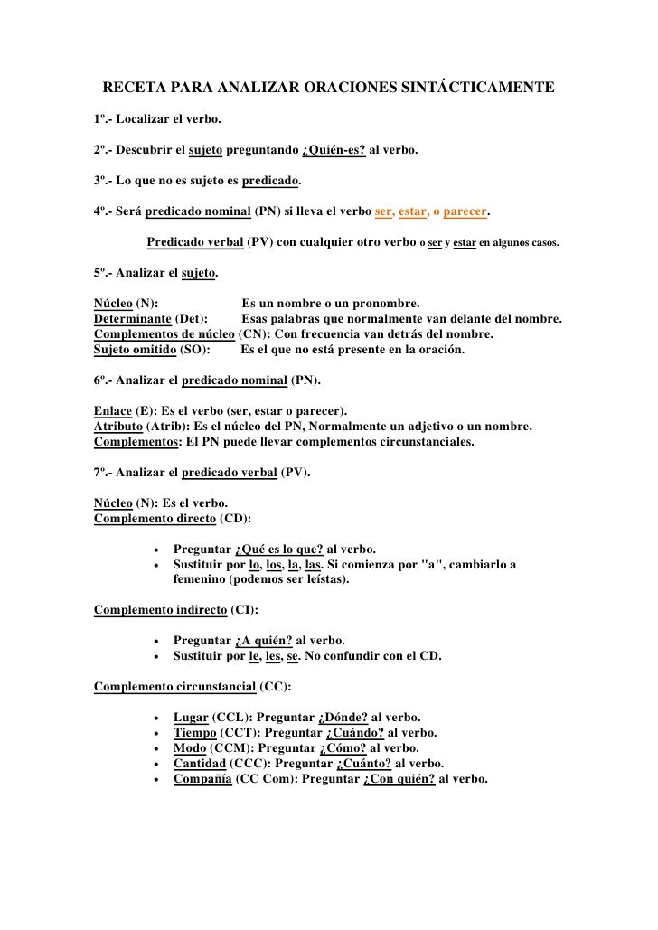 Receta Para Analizar Oraciones Sintácticamente