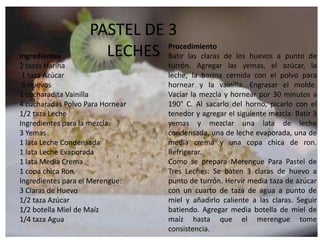 PASTEL DE 3 LECHESProcedimientoBatir las claras de los huevos a punto de turrón. Agregar las yemas, el azúcar, la leche, la harina cernida con el polvo para hornear y la vainilla. Engrasar el molde. Vaciar la mezcla y hornear por 30 minutos a 190° C. Al sacarlo del horno, picarlo con el tenedor y agregar el siguiente mezcla: Batir 3 yemas y mezclar una lata de leche condensada, una de leche evaporada, una de media crema y una copa chica de ron. Refrigerar.Como se prepara Merengue Para Pastel de Tres Leches: Se baten 3 claras de huevo a punto de turrón. Hervir media taza de azúcar con un cuarto de taza de agua a punto de miel y añadirlo caliente a las claras. Seguir batiendo. Agregar media botella de miel de maíz hasta que el merengue tome consistencia.ingredientes 2 tazas Harina 1 taza Azúcar 6 Huevos1 cucharadita Vainilla4 cucharadas Polvo Para Hornear1/2 taza LecheIngredientes para la mezcla:3 Yemas1 lata Leche Condensada1 lata Leche Evaporada1 lata Media Crema1 copa chica RonIngredientes para el Merengue:3 Claras de Huevo1/2 taza Azúcar1/2 botella Miel de Maíz1/4 taza Agua