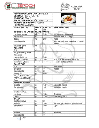CULINARIA
2do ¨B¨
14 2014
Receta: BALLOTINE CON LENTEJAS
GÉNERO: PLATO FUERTE
PORCIÓN/PESO: 6
FECHA DE PRODUCCIÓN: 15/04/2014
MÉTODO DE COCCIÓN: SELLAR-
HORNEAR- MARINAR
INGREDIENTES UNIDA
D
CANTID
AD
MISE EN PLACE
COCCIÓN DE LAS LENTEJAS (PARTE 1)
Lentejas secas Gr 250 (remojar un día antes)
Zanahoria u 1 cortada en 4 a lo largo
Tocino Gr 200 trozo
cebolla perla 1 (técnica culinaria clavetear 1 clavo
de olor)
bouquet garni U 1
RELLENO
Pollo u 2
sal, pimienta y nuez
moscada
crema de leche cc 200
lentejas cocidas g 200 (Cocción de lentejas parte 1)
zanahoria y tocino cocción de las lentejas
BALLOTINE
Pollo u 1 deshuesado
orégano g 10 fresco
Mantequilla g 30
mirepoix g 400
HILO DE COCINA
PAPEL ALUMINIO
Pirex
ensalada caliente
cebolla g 1/2 brunoise medio
Zanahoria g 1/2 brunoise medio
aceite de oliva cc 40
Lentejas g 160 Cocidas
Tocino g 120 1 cm de grosor
SALSA
aceite de oliva g 30
lentejas g 100 cocidas, procesadas y tamizadas
Zanahoria cc 300 jugo
cebolla g 40 Brunoise
Mantequilla g 40
 