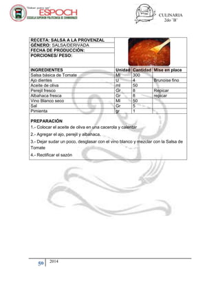 CULINARIA
2do ¨B¨
50 2014
RECETA: SALSA A LA PROVENZAL
GÉNERO: SALSA/DERIVADA
FECHA DE PRODUCCIÓN:
PORCIONES/ PESO:
INGREDIENTES Unidad Cantidad Mise en place
Salsa básica de Tomate Ml 300
Ajo dientes U 4 Brunoise fino
Aceite de oliva ml 50
Perejil fresco Gr 8 Repicar
Albahaca fresca Gr 8 repicar
Vino Blanco seco Ml 50
Sal Gr 5
Pimienta gr 1
PREPARACIÓN
1.- Colocar el aceite de oliva en una cacerola y calentar
2.- Agregar el ajo, perejil y albahaca.
3.- Dejar sudar un poco, desglasar con el vino blanco y mezclar con la Salsa de
Tomate
4.- Rectificar el sazón
 