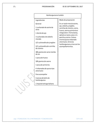 1°L PROGRAMACIÓN 05 DE SEPTIEMBRE DEL 2017
pág. 5 TECNOLOGIAS DE LA INFORMACION Y COMUNICACIÓN CETIS 109
Ingredientes
General
1 cucharada de aceite de
oliva
1 diente de ajo
3 cucharadas de cebolla
morada
1/2 cucharaditade jengibre
1/2 cucharaditade semillas
de cilantro
300 gramosde carne molida
de res
1 piezade huevo
100 gramosde avena
1 pizcade pimienta
4 rebanadasde quesotipo
americano
Para acompañar
4 piezasde bollode
hamburguesa
1 hojade lechugaitaliana
1 al gusto de tomate
(jitomate)
1 al gusto de cebollamorada
1 al gusto de germende soya
1 al gusto de manzana
1 al gusto de mostaza
Modo de preparación
En un tazónmezclaaceite,
ajo,cebolla,jengibre,
semillasde cilantro,carne,
huevo,avenaypimientae
integrabien.Formabolas,
aplastaun poco,pasa a la
parrillaycocina. Coloca
encimaquesorebanado
americano.Armalas
hamburguesasysirve conlos
acompañamientos.
Hamburguesasal carbón
 