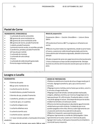 1°L PROGRAMACIÓN 05 DE SEPTIEMBRE DEL 2017
pág. 8 TECNOLOGIAS DE LA INFORMACION Y COMUNICACIÓN CETIS 109
INGREDIENTES: (PORCIONES:6)
• 1 cucharada de aceite comestible
• 500 gramosde carne molidade res
• 500 gramosde carne molidade cerdo
• 200 gramosde tocino,picadofinamente
• 1 cebolla,picadofinamente
• 1 pimientomorrónverde,sinsemillasypicado
• 2 zanahorias,peladasypicadasfinamente
• 1/2 taza de pan molido
• 1 cucharada de mostaza
• 1 cucharada de salsacátsup
• 1 huevo
• 1 cucharada de caldo de pollogranulado
• Pimientanegramolidaal gusto
Modode preparación:
Preparación:20min › Cocción:1hora30min › Listoen:1hora
50min
1ºPrecalientael hornoa 180 °C y engrasaun refractariocon
aceite.
2ºMezcla muy bientodoslosingredientes,desde lacarne hasta
el huevo,ysazonacon caldo de pollogranuladoypimienta.
Colocadentrodel refractarioengrasado,dándole laformade
panqué.
3ºCubre el pastel de carne con papel aluminioyhorneadurante
1 hora o hastaque se haya cocidocompletamente.Destapa
durante losúltimos10 minutosde cocciónpara que se dore un
poco.
Pastel de Carne
Lasagna o Lasaña
INGREDIENTES:
• 9 láminas de pasta
• 450 gr carne molida de res
• 1 cucharita aceite de oliva
• ½ cebolla blanca, picada finamente
• 2 dientes de ajo, picados finamente
• 1 zanahoria, pelada y en cuadritos
• 1 varita de apio, en cuadritos
• 1 cucharita orégano seco
• 1 cucharita albahaca seca
• ½ cucharita tomillo seco
• 1 cucharita azúcar, opcional
• 1 ½ tazas tomate pelado y machacado (6 tomates
saladette)
• 2 botes salsa de tomate para pasta (360 gr cada
MODO DE PREPARACION:
1ºSalteala cebollaconel aceite de olivaa fuegomediopor3
minutos.Agregalazanahoria,apio,ajoy cocinaunos5
minutos.
2ºAgrega lacarne molidaycocina hasta que se dore,unos4 a
6 minutosafuegomedioalto.
3ºAgrega el puré de tomate,tomate peladomachacado,
orégano,albahaca,tomilloysal.Cocinaa fuegobajocon la
tapa puestapor 25 a 30 minutos.Pruebade sabory si está
muyácida agrega el azúcar. Estodepende de que tanácidos
estabanlostomatesy lasalsaque usaste.
4ºCocina lasláminasde pasta enabundante aguahirviendo
saladahasta que esténal dente.Cuidadode que nose
quedenpegadosentre ellos.Drena ycubre ligeramente con
un pocode aceite de olivacadaláminade pasta.
5ºMezcla el requesón,quesoparmesanoyperejil.
6ºEngrasa ligeramente unmolde de 13x9pulgadas.Cubre
ligeramenteconlasalsa.Cubre con 3 láminasde pasta.
Agrega⅓ de lasalsa, ⅓ del quesomozzarellaylamitadde la
mezcladel quesorequesón.
 