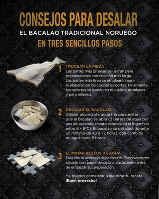 EL BACALAO TRADICIONAL NORUEGO
TROCEAR LA PIEZA
Las partes más gruesas se usarán para
preparaciones con cocción más larga.
Las partes más finas se emplearán para
la elaboración de cocciones cortas. Finalmente,
los recortes se usarán en revueltos, ensaladas
y para rellenos.
DESALAR EL BACALAO
Utilizar abundante agua fría para evitar
que el bacalao se abra (3 partes de agua por
una de pescado, manteniéndola en el frigorífico
entre 6 – 8ºC). El bacalao se desalará durante
un mínimo de 48 a 72 horas, con cambios
de agua cada 8 horas.
ELIMINAR RESTOS DE AGUA
Para ello se aconseja dejar escurrir. Es conveniente
secarlo con papel de cocina absorbente antes
de empezar su preparación.
Ya puedes comenzar a elaborar tu receta.
¡Buen provecho!
1
2
3
 