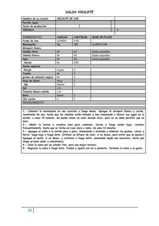 22
SALSA VOULOTE
Nombre de La receta: VELOUTE DE AVE
Porción /peso
fecha de producción
TÉCNICA 9
INGREDIENTES UNIDAD CANTIDAD MISE EN PLACE
Fondo de Ave LITROS 4.25
Mantequilla ML 180 CLARIFICAR
Mirepoix blanco
Cebolla Perla Gr 60 Dados pequeños
Cebolla Puerro Gr 60 Dados pequeños
Apio Gr 60 Dados pequeños
Harina Gr 225
Sache especies
Perejil Hojas 3
Tomillo Gr 2
granos de pimienta negros Gr 2
Hoja de laurel Hoja 1
Ajo Diente 1
Sal c/n
Pimienta Blanca molida c/n
Gasa sobre 1
Hilo cocina u 1
PROCEDIMIENTO
1.- Calentar la mantequilla en una cacerola a fuego medio. Agregar el mirepoix blanco y cocine,
revolviendo de vez, hasta que las cebollas estén blandos y han comenzado a liberar sus jugos en la
sartén, a unos 15 minutos. Se puede tomar un color dorado claro, pero no se debe permitir que se
dore.
2.- Añadir la harina y revuelva bien para combinar. Cocine a fuego medio bajo, revolver
frecuentemente, hasta que se forma un roux claro o rubio, de unos 12 minutos.
3.- Agregue el caldo a la sartén poco a poco, removiendo o batiendo a elaborar los grumos. Llevar a
hervir, luego baje a fuego lento. (Utilizar un difusor de calor, si se desea, para evitar que se queme.)
Agregue el saché, si se desea, y continuar a fuego lento, sazonando según sea necesario, hasta que
tenga un buen sabor y consistencia
4.- Colar la salsa por un colador fino, para una mejor textura.
5.- Regresar la salsa a fuego lento. Pruebe y ajuste con sal y pimienta. Terminar la salsa a su gusto.
 