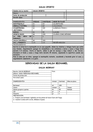 26
SALSA OPORTO
Nombre de La receta: SALSA OPORTO
Género:
fecha de producción
Porción /peso
INGREDIENTES UNIDAD CANTIDAD MISE EN PLACE
MANTEQUILLA Gr. 60 (CLARIFICAR)
CEBOLLA PAITEÑA Gr. 60 (JULIANAS)
CHAMPIÑONES
«BOTONES»
Gr. 100 (LÁMINAS FINAS )
MORAS Gr. 50 (LAVAR)
OPORTO ROJO Ml 250 10 AÑOS COMO MÍNIMO
LA PIEL SECA DE
NARANJA
U ½
SALSA ESPAÑOLA Ml 300
SAL y PIMIENTA c/n c/n RECIÉN MOLIDA
PROCEDIMIENTO
Derrita la mitad de la mantequilla en un cazo pequeño, añada las chalotas y rehogue hasta que estén
muy blandas. Seguidamente agregue los champiñones y los arándanos o moras y cueza a fuego lento
durante 3-4 minutos. Vierta el Oporto, añada la piel de naranja y deje reducir a dos tercios.
Incorpore el fondo y cueza a fuego lento durante 25 minutos, espumando la superficie cuando sea
necesario.
Pase la salsa por un chino, agregue la mantequilla restante, sacudiendo y haciendo girar el cazo, y
seguidamente salpimiente a su gusto.
DERIVADAS DE LA SALSA BECHAMEL
SALSA MORNAY
Receta: SALSA MORNAY Foto
Género: Salsa/ DERIVADA BECHAMEL
Fecha de producción:
Porciones/ peso:
INGREDIENTES Unidad Cantidad Mise en place
Bechamel ml 300
Huevo Unidad 3 Yemas
Queso gruyere o parma Gr. 50 Rallado
Sal gr 4
Pimienta gr 1
PREPARACIÓN
1.- Prepare una bechamel, ligándola con las yemas de huevo fuera del fuego.
2.- Cuando la salsa esté cocida, añádase el queso.
 