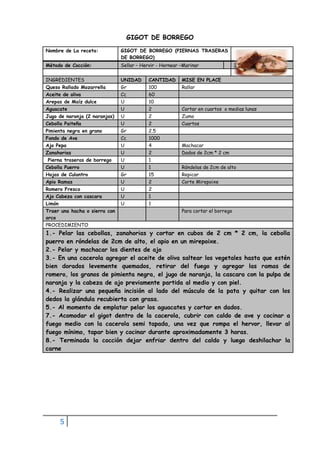 5
GIGOT DE BORREGO
Nombre de La receta: GIGOT DE BORREGO (PIERNAS TRASERAS
DE BORREGO)
Método de Cocción: Sellar – Hervir - Hornear –Marinar 3
INGREDIENTES UNIDAD CANTIDAD MISE EN PLACE
Queso Rallado Mozarrella Gr 100 Rallar
Aceite de oliva Cc 60
Arepas de Maíz dulce U 10
Aguacate U 2 Cortar en cuartos o medias lunas
Jugo de naranja (2 naranjas) U 2 Zumo
Cebolla Paiteña U 2 Cuartos
Pimienta negra en grano Gr 2.5
Fondo de Ave Cc 1000
Ajo Pepa U 4 Machacar
Zanahorias U 2 Dados de 2cm * 2 cm
Pierna traseras de borrego U 1
Cebolla Puerro U 1 Róndelas de 2cm de alto
Hojas de Culantro Gr 15 Repicar
Apio Ramas U 2 Corte Mirepoixe
Romero Fresco U 2
Ajo Cabeza con cascara U 1
Limón U 1
Traer una hacha o sierra con
arco
Para cortar el borrego
PROCEDIMIENTO
1.- Pelar las cebollas, zanahorias y cortar en cubos de 2 cm * 2 cm, la cebolla
puerro en róndelas de 2cm de alto, el apio en un mirepoixe.
2.- Pelar y machacar los dientes de ajo
3.- En una cacerola agregar el aceite de oliva saltear los vegetales hasta que estén
bien dorados levemente quemados, retirar del fuego y agregar las ramas de
romero, los granos de pimienta negra, el jugo de naranja, la cascara con la pulpa de
naranja y la cabeza de ajo previamente partida al medio y con piel.
4.- Realizar una pequeña incisión al lado del músculo de la pata y quitar con los
dedos la glándula recubierta con grasa.
5.- Al momento de emplatar pelar los aguacates y cortar en dados.
7.- Acomodar el gigot dentro de la cacerola, cubrir con caldo de ave y cocinar a
fuego medio con la cacerola semi tapada, una vez que rompa el hervor, llevar al
fuego mínimo, tapar bien y cocinar durante aproximadamente 3 horas.
8.- Terminada la cocción dejar enfriar dentro del caldo y luego deshilachar la
carne
 