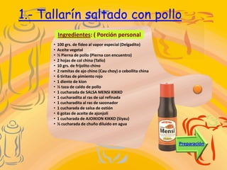 1.- Tallarín saltado con pollo
          Ingredientes: ( Porción personal
      •   100 grs. de fideo al vapor especial (Delgadito)
      •   Aceite vegetal
      •   ½ Pierna de pollo (Pierna con encuentro)
      •   2 hojas de col china (Tallo)
      •   10 grs. de frijolito chino
      •   2 ramitas de ajo chino (Cau choy) o cebollita china
      •   6 tiritas de pimiento rojo
      •   1 diente de kion
      •   ½ taza de caldo de pollo
      •   1 cucharada de SALSA MENSI KIKKO
      •   1 cucharadita al ras de sal refinada
      •   1 cucharadita al ras de sazonador
      •   1 cucharada de salsa de ostión
      •   6 gotas de aceite de ajonjolí
      •   1 cucharada de AJOIKION KIKKO (Siyau)
      •   ½ cucharada de chuño diluido en agua



                                                                Preparación
 