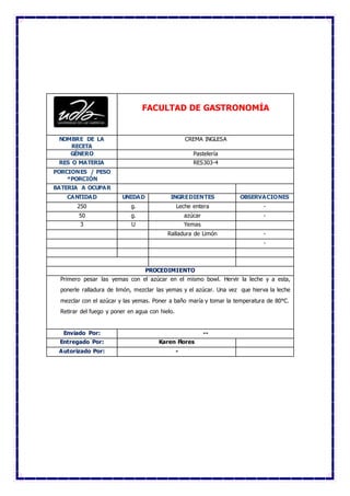 FACULTAD DE GASTRONOMÍA
NOMBRE DE LA
RECETA
CREMA INGLESA
GÉNERO Pastelería
RES O MATERIA RES303-4
PORCIONES / PESO
*PORCIÓN
BATERIA A OCUPAR
CANTIDAD UNIDAD INGREDIENTES OBSERVACIONES
250 g. Leche entera -
50 g. azúcar -
3 U Yemas
Ralladura de Limón -
-
PROCEDIMIENTO
Primero pesar las yemas con el azúcar en el mismo bowl. Hervir la leche y a esta,
ponerle ralladura de limón, mezclar las yemas y el azúcar. Una vez que hierva la leche
mezclar con el azúcar y las yemas. Poner a baño maría y tomar la temperatura de 80°C.
Retirar del fuego y poner en agua con hielo.
Enviado Por: --
Entregado Por: Karen Flores
Autorizado Por: -
 