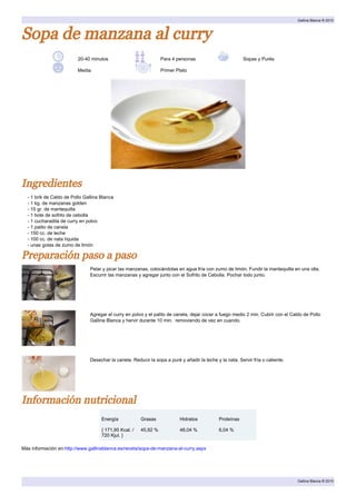 Gallina Blanca ® 2010



Sopa de manzana al curry
                          20-40 minutos                           Para 4 personas                         Sopas y Purés

                          Media                                   Primer Plato




Ingredientes
  - 1 brik de Caldo de Pollo Gallina Blanca
  - 1 kg. de manzanas golden
  - 15 gr. de mantequilla
  - 1 bote de sofrito de cebolla
  - 1 cucharadita de curry en polvo
  - 1 palito de canela
  - 150 cc. de leche
  - 100 cc. de nata líquida
  - unas gotas de zumo de limón

Preparación paso a paso
                               Pelar y picar las manzanas, colocándolas en agua fría con zumo de limón. Fundir la mantequilla en una olla.
                               Escurrir las manzanas y agregar junto con el Sofrito de Cebolla. Pochar todo junto.




                               Agregar el curry en polvo y el palito de canela, dejar cocer a fuego medio 2 min. Cubrir con el Caldo de Pollo
                               Gallina Blanca y hervir durante 10 min. removiendo de vez en cuando.




                               Desechar la canela. Reducir la sopa a puré y añadir la leche y la nata. Servir fría o caliente.




Información nutricional
                                     Energía            Grasas            Hidratos            Proteínas

                                     { 171,95 Kcal. /   45,92 %           48,04 %             6,04 %
                                     720 Kjul. }

Más información en:http://www.gallinablanca.es/receta/sopa-de-manzana-al-curry.aspx




                                                                                                                                  Gallina Blanca ® 2010
 