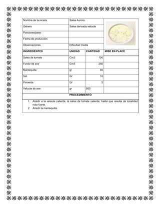Nombre de la receta Salsa Aurora
Género Salsa derivada veloute
Porciones/peso
Fecha de producción
Observaciones Dificultad media
INGREDIENTES UNIDAD CANTIDAD MISE EN PLACE
Salsa de tomate Cm3 100
Fondo de ave Cm3 250
Mantequilla gr 40
Sal Gr 10
Pimienta Gr 5
Veloute de ave gr 500
PROCEDIMIENTO
1. Añadir a la veloute caliente, la salsa de tomate caliente, hasta que resulte de tonalidad
rosa fuerte.
2. Añadir la mantequilla.
 