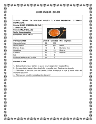 MOJOS SALADOS y DULCES
SERVIR: TIRITAS DE PESCADO FRITAS O POLLO EMPANADO. O PAPAS
HORNEADAS.
Receta: MOJO CREMOSO DE AJO
Y CEBOLLITAS Foto
Género: MOJO SALADO
Fecha de producción:
Porciones/ peso: 6 PAX
INGREDIENTES Unidad Cantidad Mise en place
Crema de leche Ml 150
Queso fresco Gr 150 Rallar
Dientes de ajo U 2 Brunoise fino
Cebollitas Gr 20 Repicar
Cebollín Gr 10 Repicar
Sal Gr 5
Pimienta negra recién molida gr 1
PREPARACIÓN
1.- Colocar la crema de leche y el queso en un recipiente y mezclar bien.
2.- Agregar el ajo, las cebollas, el cebollín y mezclar bien. Salpimentar al gusto.
3.- Transfiera la mezcla a un recipiente y sirva enseguida o tape y enfríe hasta el
momento de servir.
4.- Adornar con cebollín repicado antes de servir
 