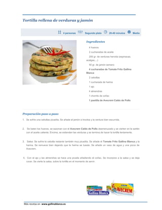 Tortilla rellena de verduras y jamón


                                         4 personas            Segundo plato         20-40 minutos             Media


                                                                 Ingredientes

                                                                   4 huevos
                                                                   2 cucharadas de aceite
                                                                   200 gr. de verduras hervida (espinacas,
                                                                 acelgas,...)
                                                                   50 gr. de jamón serrano
                                                                   4 cucharadas de Tomate Frito Gallina
                                                                 Blanca
                                                                   2 cebollas
                                                                   1 cucharada de harina
                                                                   1 ajo
                                                                   4 almendras
                                                                   1 chorrito de coñac
                                                                   1 pastilla de Avecrem Caldo de Pollo




Preparación paso a paso

1. Se sofríe una cebollas picadita. Se añade el jamón a trocitos y la verdura bien escurrida.


2.   Se baten los huevos, se sazonan con el Avecrem Caldo de Pollo desmenuzado y se vierten en la sartén
     con el aceite caliente. Encima, se extienden las verduras y se termina de hacer la tortilla lentamente.


3.   Salsa: Se sofríe la cebolla restante también muy picadita. Se añade el Tomate Frito Gallina Blanca y la
     harina. Se remueve bien dejando que la harina se tueste. Se añade un vaso de agua y una pizca de
     Avecrem.


4. Con el ajo y las almendras se hace una picada añadiendo el coñac. Se incorpora a la salsa y se deja
     cocer. Se vierte la salsa, sobre la tortilla en el momento de servir.




                                                                                                                 Página 15
 Más recetas en www.gallinablanca.es
 