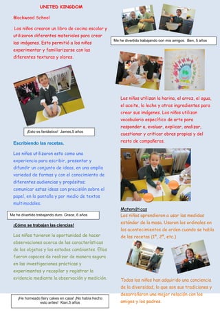 UNITED KINGDOM

 Blackwood School

  Los niños crearon un libro de cocina escolar y
 utilizaron diferentes materiales para crear
                                                        Me he divertido trabajando con mis amigos. Ben, 5 años
 las imágenes. Esto permitió a los niños
 experimentar y familiarizarse con las
 diferentes texturas y olores.




                                                            Los niños utilizan la harina, el arroz, el agua,
                                                            el aceite, la leche y otros ingredientes para
                                                            crear sus imágenes. Los niños utilizan
                                                            vocabulario específico de arte para
                                                            responder a, evaluar, explicar, analizar,
         ¡Esto es fantástico! James,5 años
                                                            cuestionar y criticar obras propias y del

 Escribiendo las recetas.                                   resto de compañeros.

 Los niños utilizaron esto como una
 experiencia para escribir, presentar y
 difundir un conjunto de ideas, en una amplia
 variedad de formas y con el conocimiento de
 diferentes audiencias y propósitos;
 comunicar estas ideas con precisión sobre el
 papel, en la pantalla y por medio de textos
 multimodales.
                                                            Matemáticas
Me he divertido trabajando duro. Grace, 6 años              Los niños aprendieron a usar las medidas
                                                            estándar de la masa. Usaron los ordinales en
 ¡Cómo se trabajan las ciencias!
                                                            los acontecimientos de orden cuando se habla
 Los niños tuvieron la oportunidad de hacer                 de las recetas (1º, 2º, etc.)
 observaciones acerca de las características
 de los objetos y los estados cambiantes. Ellos
 fueron capaces de realizar de manera segura
 en las investigaciones prácticas y
 experimentos y recopilar y registrar la
 evidencia mediante la observación y medición.              Todos los niños han adquirido una conciencia
                                                            de la diversidad, lo que son sus tradiciones y
                                                            desarrollaron una mejor relación con los
    ¡He horneado fairy cakes en casa! ¡No había hecho
                esto antes! Kian,5 años                     amigos y los padres.
 