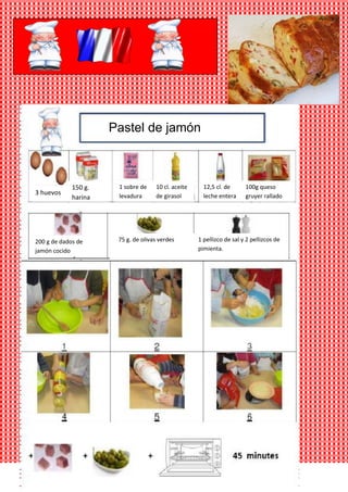 Pastel de jamón



             150 g.    1 sobre de    10 cl. aceite     12,5 cl. de      100g queso
3 huevos               levadura      de girasol        leche entera     gruyer rallado
             harina




200 g de dados de      75 g. de olivas verdes        1 pellizco de sal y 2 pellizcos de
jamón cocido                                         pimienta.
 