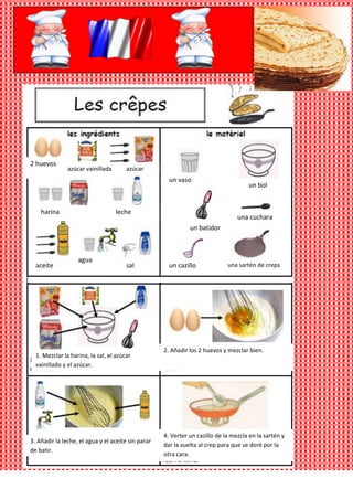 2 huevos
               azúcar vainillada       azúcar
                                                      un vaso
                                                                                     un bol


    harina                         leche
                                                                                 una cuchara
                                                              un batidor



                   agua
  aceite                               sal            un cazillo             una sartén de creps




                                                    2. Añadir los 2 huevos y mezclar bien.
  1. Mezclar la harina, la sal, el azúcar
  vainillado y el azúcar.




                                                    4. Verter un cazillo de la mezcla en la sartén y
3. Añadir la leche, el agua y el aceite sin parar
                                                    dar la vuelta al crep para que se doré por la
de batir.
                                                    otra cara.
 