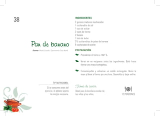 38 2 guineos maduros machacados
1 cucharadita de sal
1 taza de azúcar
2 tazas de harina
3 huevos
1 taza de leche
3½ cucharaditas de polvo de hornear
8 cucharadas de aceite
Pan de banano
INGREDIENTES
PREPARACIÓN
Precalentar el horno a 160° C.
Verter en un recipiente todos los ingredientes. Batir hasta
formar una masa homogénea.
Enmantequillar y enharinar un molde rectangular. Verter la
masa y llevar al horno por una hora. Desmoldar y dejar enfriar.
Fuente: Nestlé Ecuador; Gastronomía Casa Nestlé.
Forma de servir:
Ideal para la lonchera escolar de
las niñas y los niños. 12 PORCIONES
TIP NUTRICIONAL
Si se consume antes del
ejercicio, el plátano aporta
la energía necesaria.
 