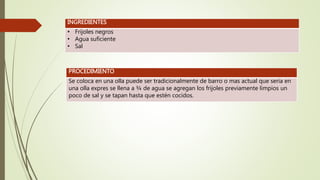 INGREDIENTES
• Frijoles negros
• Agua suficiente
• Sal
PROCEDIMIENTO
Se coloca en una olla puede ser tradicionalmente de barro o mas actual que seria en
una olla expres se llena a ¾ de agua se agregan los frijoles previamente limpios un
poco de sal y se tapan hasta que estén cocidos.
 