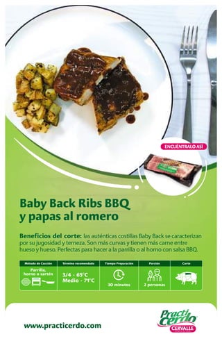 Beneficios del corte: las auténticas costillas Baby Back se caracterizan
por su jugosidad y terneza. Son más curvas y tienen más carne entre
hueso y hueso. Perfectas para hacer a la parrilla o al horno con salsa BBQ.
Baby Back Ribs BBQ
y papas al romero
www.practicerdo.com
ENCUÉNTRALO ASÍ
30 minutos
Tiempo Preparación
2 personas
Porción
Término recomendado
3/4 - 65ºC
Medio - 71ºC
Corte
Método de Cocción
Parrilla,
horno o sartén
 