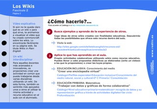 Los Wikis
Fascículo 2
Página 3




Vídeo explicativo             ¿Cómo hacerlo?…
                              Para acceder al Catálogo ir a http://didacticatic.educacontic.es
Si aún no te queda claro
qué es un wiki o para
qué sirve, te animamos        2      Busca ejemplos y aprende de la experiencia de otros.
a visualizar el vídeo que            Coge ideas de otros wikis creados con finalidades educativas. Descubrirás
ha creado commoncraft                todas las posibilidades que ofrece este recurso dentro del aula.
sobre los wikis. Lo
encontrarás fácilmente                   Visita la web:
en su página web. Se                     http://sites.google.com/site/letsticenglish/recursos-esl/
titula Wikis in Plain
                                         usosdewikiseducativasaplicacionenelaula3
English

                              3      Aplica lo que has aprendido en el aula.
Un wiki
                                     Propón actividades colaborativas utilizando wikis como recurso educativo.
interdisciplinar                     Puedes llevar a cabo propuestas didácticas ya elaboradas (echa un vistazo
Para aquellos docentes               a las que te proponemos) o crear las tuyas propias.
más avanzados e
innovadores, os                          EDUCACIÓN INCLUSIVA: Conocimiento del medio
proponemos crear una                     “Crear una enciclopedia virtual”
actividad en común que
pueda trabajarse desde                   Catálogo>Perfiles especiales>Educación inclusiva>Conocimiento del
varias disciplinas                       medio natural, social y cultural>2º C Primaria / Consolidación
utilizando un wiki. De
                                         EDUCACIÓN PRIMARIA: Matemáticas
esta forma, también os
sentiréis más apoyados                   “Trabajar con datos y gráficas de forma colaborativa”
unos a otros al utilizar la              Catálogo>Nivel educativo>primaria>matemáticas> recogida de datos y su
misma actividad y                        representación gráfica a través de actividades digitales>3er ciclo:
recurso educativo en el                  Profundización
aula con el alumnado.
 