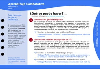 Aprendizaje Colaborativo
Fascículo 5
Página 3




Crea tu propio
                            ¿Qué se puede hacer?…
                                Para acceder al Catálogo ir a http://didacticatic.educacontic.es
Proyecto
telemático                  3       Compartir una galería fotográfica
                                    En un trabajo de clase, no deben faltar elementos visuales como las
                                    ilustraciones, fotografías e imágenes pues ayudan a comprender los
Si eres coordinador TIC,            conceptos tratados y amenizan la lectura del documento. Muchas veces es
te recomendamos visitar             difícil encontrar la ilustración adecuada por lo que puedes proponer que
                                    todos los miembros del grupo se ayuden entre sí, realizando fotos propias y
el módulo de Aprender
                                    compartiéndolas a través de una aplicación web como Picasa.
a trabajar en red en
donde encontrarás                          Enseña a tu alumnado a crear un álbum en Picasa:
orientaciones para crear
una red social, conocerás                  Catálogo>Tutoriales TIC/Audio y Vídeo>Galerías fotográficas: banco de
las claves para integrar                   imágenes
una plataforma en tu
centro e incluso            4       Comunicarse y debatir en grupo con las TIC
descubrirás qué pautas              Para que los miembros de cada grupo puedan coordinarse y logren una
seguir para crear tu                gestión adecuada de su trabajo, es importante que dispongan de los
propio proyecto                     recursos necesarios para que se comuniquen entre ellos de una forma
telemático.                         rápida y eficaz. Una buena solución para conseguirlo es que utilicen las
                                    herramientas de comunicación disponibles en Internet o aplicaciones como
                                    Google Groups.

                                           Enseña a tu alumnado a utilizar Google Groups:
                                           Catálogo>Perfiles especiales>Asesor de formación>La comunicación y
                                           su aplicación a través de actividades multimedia>Nivel básico 1 y 2
Catálogo>Perfiles
especiales>Coordinador                     Enseña a tu alumnado las herramientas de comunicación en red:
TIC>Aprender a trabajar                    Catálogo>Tutoriales TIC>Herramientas de comunicación>chat, mail, etc.
en red
 