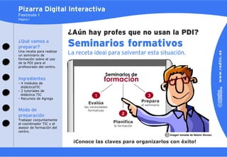 Pizarra Digital Interactiva
Fascículo 1
Página 1



                           ¿Aún hay profes que no usan la PDI?
¿Qué vamos a
preparar?                  Seminarios formativos
Una receta para realizar
un seminario de
                                                               situació
                           La receta ideal para solventar esta situación.
formación sobre el uso
de la PDI para el
profesorado del centro.

                                              Seminarios de
Ingredientes
- 4 módulos de
                                             formación
  didácticaTIC
- 2 tutoriales de
  didáctica TIC                         1                            3
- Recursos de Agrega
                                   Evalúa                         Prepara
                                                                  el seminario
                                 las necesidades
Modo de                             formativas
preparación                                             2
Trabajar conjuntamente
el coordinador TIC y el
                                                   Planifica
                                                   la formación
asesor de formación del
centro.
                                                                                 Imagen tomada de Néstor Alonso

                             ¡Conoce las claves para organizarlos con éxito!
 