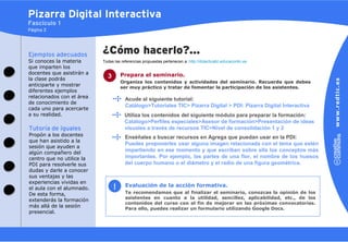 Pizarra Digital Interactiva
Fascículo 1
Página 3




Ejemplos adecuados         ¿Cómo hacerlo?…
Si conoces la materia      Todas las referencias propuestas pertenecen a: http://didacticatic.educacontic.es
que imparten los
docentes que asistirán a             Prepara el seminario.
la clase podrás
                             3
                                     Organiza los contenidos y actividades del seminario. Recuerda que debes
anticiparte y mostrar                ser muy práctico y tratar de fomentar la participación de los asistentes.
diferentes ejemplos
relacionados con el área               Acude al siguiente tutorial:
de conocimiento de
                                       Catálogo>Tutoriales TIC> Pizarra Digital > PDI: Pizarra Digital Interactiva
cada uno para acercarte
a su realidad.                         Utiliza los contenidos del siguiente módulo para preparar la formación:
                                       Catálogo>Perfiles especiales>Asesor de formación>Presentación de ideas
Tutoría de iguales                     visuales a través de recursos TIC>Nivel de consolidación 1 y 2
Propón a los docentes                  Enséñales a buscar recursos en Agrega que puedan usar en la PDI:
que han asistido a la
                                       Puedes proponerles usar alguna imagen relacionada con el tema que estén
sesión que ayuden a
algún compañero del
                                       impartiendo en ese momento y que escriban sobre ella los conceptos más
centro que no utilice la               importantes. Por ejemplo, las partes de una flor, el nombre de los huesos
PDI para resolverle sus                del cuerpo humano o el diámetro y el radio de una figura geométrica.
dudas y darle a conocer
sus ventajas y las
experiencias vividas en
                                 !     Evaluación de la acción formativa.
el aula con el alumnado.
De esta forma,                         Te recomendamos que al finalizar el seminario, conozcas la opinión de los
                                       asistentes en cuanto a la utilidad, sencillez, aplicabilidad, etc., de los
extenderás la formación
                                       contenidos del curso con el fin de mejorar en las próximas convocatorias.
más allá de la sesión                  Para ello, puedes realizar un formulario utilizando Google Docs.
presencial.
 