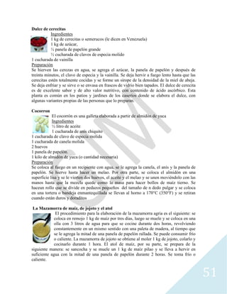 51
Dulce de cerecitas
Ingredientes
1 kg de cerecitas o semerucos (le dicen en Venezuela)
1 kg de azúcar,
½ panela de papelón grande
½ cucharada de clavos de especia molido
1 cucharada de vainilla
Preparación
Se hierven las cerezas en agua, se agrega el azúcar, la panela de papelón y después de
treinta minutos, el clavo de especia y la vainilla. Se deja hervir a fuego lento hasta que las
cerecitas estén totalmente cocidas y se forme un sirope de la densidad de la miel de abeja.
Se deja enfriar y se sirve o se envasa en frascos de vidrio bien tapados. El dulce de cerecita
es de excelente sabor y de alto valor nutritivo, con contenido de ácido ascórbico. Esta
planta es común en los patios y jardines de los caseríos donde se elabora el dulce, con
algunas variantes propias de las personas que lo preparan.
Cocorron
El cocorrón es una galleta elaborada a partir de almidón de yuca
Ingredientes
½ litro de aceite
1 cucharada de anís chiquito
1 cucharada de clavo de especia molida
1 cucharada de canela molida
2 huevos
1 panela de papelón.
1 kilo de almidón de yuca (o cantidad necesaria)
Preparación
Se coloca al fuego en un recipiente con agua, se le agrega la canela, el anís y la panela de
papelón. Se hierve hasta hacer un melao. Por otra parte, se coloca el almidón en una
superficie lisa y se le vierten dos huevos, el aceite y el melao y se unen moviéndolo con las
manos hasta que la mezcla quede como la masa para hacer bollos de maíz tierno. Se
haceun rollo que se divide en pedazos pequeños del tamaño de n dedo pulgar y se coloca
en una tortera o bandeja enmantequillada se llevan al horno a 170°C (350°F) y se retiran
cuando están duros y doraditos
La Mazamorra de maíz, de jojoto y el atol
El procedimiento para la elaboración de la mazamorra agria es el siguiente: se
coloca en remojo 1 kg de maíz por tres días, luego se muele y se coloca en una
olla con 3 litros de agua para que se cocine durante dos horas, revolviendo
constantemente en un mismo sentido con una paleta de madera, al tiempo que
se le agrega la mitad de una panela de papelón rallada. Se puede consumir frío
o caliente. La mazamorra de jojoto se obtiene al moler 1 kg de jojoto, colarlo y
cocinarlo durante 1 hora. El atol de maíz, por su parte, se prepara de la
siguiente manera: se sancocha y se muele un 1 kg de maíz pilao y se lleva a hervir en
suficiente agua con la mitad de una panela de papelón durante 2 horas. Se toma frío o
caliente.
 