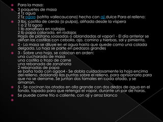 Para la masa:3 paquetes de masa4 Tz agua2 Tz ogao (sofrito vallecaucano) hecho con ají dulce Para el relleno:3 lbs. costilla de cerdo (o pulpa), aliñada desde la víspera1 o 2 Tz ogao1 lb zanahoria en rodajas2 lb papa colorada, en rodajasHojas de plátano soasadas o ablandadas al vapor1 - El día anterior se aliñan las costillas con cebolla, ajo, comino y hierbas, sal y pimienta.2 - La masa se diluye en el agua hasta que quede como una colada delgada. La hoja se parte en pedazos grandes3 - Sobre una hoja, se colocan en orden:una cucharada de masauna costilla o trozo de carneuna rebanada de zanahoria2 rebanadas de papase baña todo con ogao4 - Se dobla cuidadosamente la hoja encima del relleno, doblando llas puntas sobre el relleno, para aprisionarlo para que no se derrame. Se juntan dos tamales en cada atado, y se amarran.5 - Se cocinan los atados en olla grande con dos dedos de agua en el fondo, tapada para que retenga el vapor, durante un par de horas.Se puede come frío o caliente, con ají y arroz blanco 