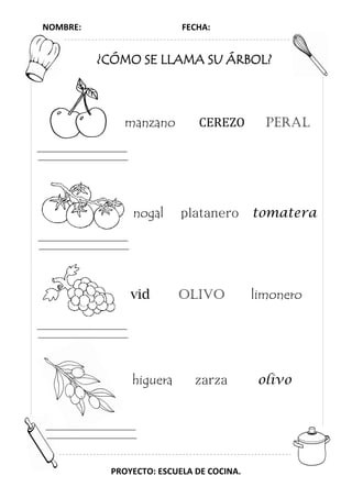 NOMBRE: FECHA:
PROYECTO: ESCUELA DE COCINA.
¿CÓMO SE LLAMA SU ÁRBOL?
nogal platanero tomatera
manzano CEREZO PERAL
vid olivo limonero
higuera zarza olivo
 