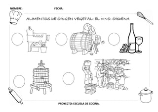 NOMBRE: FECHA:
PROYECTO: ESCUELA DE COCINA.
ALIMENTOS DE ORIGEN VEGETAL: EL VINO. ORDENA
 