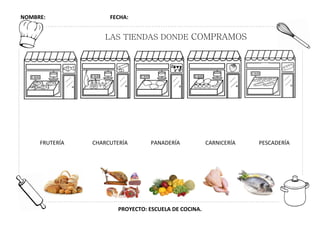 NOMBRE: FECHA:
PROYECTO: ESCUELA DE COCINA.
LAS TIENDAS DONDE COMPRAMOS
FRUTERÍA PANADERÍA CARNICERÍA PESCADERÍACHARCUTERÍA
 