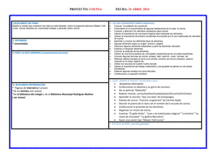 PROYECTO: COCINA FECHA: 24 ABRIL 2014
1.BUSCAMOS UN TEMA:
Debido al interés que mostraron los niños en esta Navidad sobre el programa televisivo Master Chef
Junior, hemos decidido por unanimidad trabajar y aprender sobre cocina.
5. LO QUE QUEREMOS SABER (objetivos):
• Conocer la profesión de cocinero/a.
• Profundizar en el conocimiento de algunas habitaciones de la casa: la cocina.
• Conocer y descubrir los utensilios necesarios para cocinar.
• Valorar la importancia de una buena higiene para manipular los alimentos.
• Valorar la importancia de prevenir accidentes provocados por el uso inadecuado de utensilios
de cocina.
• Aprender y conocer los diferentes tipos de alimentos.
• Agrupar alimentos según su origen: animal o vegetal.
• Descubrir algunos alimentos elaborados a partir de alimentos naturales.
• Explorar y manipular alimentos.
• Conocer la pirámide de los alimentos.
• Valorar de una forma positiva las principales características de una dieta equilibrada.
• Conocer algunas técnicas de cocina: amasar, batir, exprimir, cocer, hornear, etc
• Reforzar hábitos sociales en torno a la comida: correcto uso de los cubiertos, postura
corporal en la mesa, higiene etc.
• Utilizar los recursos de nuestro huerto escolar.
• Valorar la importancia del trabajo colaborativo y de igualdad de género en las tareas
domésticas.
• Elaborar algunas recetas con poca dificultad.
• Confeccionar un pequeño recetario.
2. VOTAMOS:
* Unanimidad.
3.TODO LO QUE SABEMOS (conocimientos previos):
6. ¿QUÉ VAMOS A HACER? (actividades tipo)
• Buscamos información.
• Confeccionar un delantal y un gorro de cocinero.
• Ver la película “Ratatuille”
• Realizar recetas: zumos/batidos/ensaladas/pan/bizcocho/brochetas/
• Aprender la canción: “Soy una taza” de Cantajuegos.
• Poesías de cocina: “Cuentos mugrientos” de Carmen Galán
• Decorar la puerta de la clase con el nombre de la escuela de cocina.
• Confeccionar la pirámide de los alimentos.
• Organizar un rincón de cocina.
• Cuentos: “El gallo Kiriko”, “Juan y las habichuelas mágicas” “La lechera” “La
casita de chocolate” “La gallina Marcelina”
• Hacer una sesión tipo “Master Chef Junior”
4. BUSCAMOS INFORMACIÓN:
* Páginas de Internet(ver anexo)
*De las familias (ver anexo)
*De la biblioteca del colegio y de la Biblioteca Municipal Rodríguez Moñino
( ver anexo)
7. EVALUACIÓN ¿nos ha gustado?
 