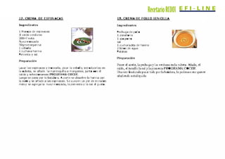 RecetarioRC001Recetario Lady Master JRD
17. CREMA DE ESPINACAS
Ingredientes
1 Manojo de espinocas
11 caldJ �erduras
200ml né4:a
Nuezmoscada
SOgrsmél'"gaina
1 cebdla
1 cuchara hél'"ina
Pimiert:a y �
Preparación
La�éI'" las espinacas y trocearla, piCél'" la cebdla, introducirlas en
la cubeta, se él'iade la mantequilla o mél'"gél'"ina, jurt:o ron el
caldo y seleccirnélTlos PROGRAMA COCER.
Luego se pasa por la batidITa. A parte se di9.JeI�e la h1J'"ina cm
la nata y se 1J'íade a las e<;pinacas. Se cuecen un par demirutos
másy se a<}""ega la ruez m=ada, la pimienta y la sal al gU9::o.
Recetario Lady Master JRD
18. CREMA POLLO SENCILLA
Ingredientes
Pechuga de pollo
1 zéfiffuria
1 ajopCtTo
'"
1 cum1J'"acita de harina
2 litros de él?Ja
Paté4:as
Preparación
Poner el. a:eite, la peclmgay 13S verduras enla cubda Madir, el
ddo, el. tomillo la sal y la pimienta PR(X;RAMA. COCER.
Una vez finalizooopas3f todo porla batidora, lopodemos enriquecer
añadiendo mtalíquida
 