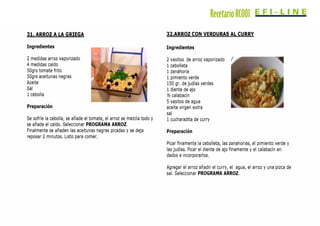 RecetarioRC001Recetario Lady Master JRD
31. ARROZ A LA GRIEGA
Ingredientes
2 medidas arroz vaporizado
4 medidas caldo
50grs tomate frito
50grs aceitunas negras
Aceite
Sal
1 cebolla
Preparación
Se sofríe la cebolla, se añade el tomate, el arroz se mezcla todo y
se añade el caldo. Seleccionar PROGRAMA ARROZ.
Finalmente se añaden las aceitunas negras picadas y se deja
reposar 2 minutos. Listo para comer.
Recetario Lady Master JRD
32.ARROZ CON VERDURAS AL CURRV
Ingredientes
2 vasitos de arroz vaporizado
1 cebolleta
1 zanahoria
1 pimiento verde
150 gr. de judías verdes
1 diente de ajo
112 calabacín
5 vasitos de agua
aceite virgen extra
sal
1 cucharadita de curry
Preparación
Picar finamente la cebolleta, las zanahorias, el pimiento verde y
las judías. Picar el diente de ajo finamente y el calabacín en
dados e incorporarlos.
Agregar el arroz añadir el curry, el agua, el arroz y una pizca de
sal. Seleccionar PROGRAMA ARROZ.
 