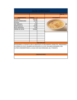 SALSA CARBONARA
                                                                  PAX 10

      INGREDIENTES   UNIDAD                          FOTOGRAFIA
TOCINETA                 100 GR
QUESO PARMEZANO           50 GR
HUEVOS                       3U
SAL PIMIENTA                5 GR
MANTEQUILLA               20 GR
NUEZ MOSCADA                3 GR
CREMA DE LECHE           750 ML




                                 PREPARACION
REHOGAMOS LA TOCINETA CON LA MANTEQUILLA PREVIAMENTE DERRETIDA, AÑADIREMOS
LA CREMA DE LECHE, DEJAMOS QUE REDUSCA A 1/3 DEL VOLUMEN ORDINARIO, POR
ULTIMO CONDIMENTAMOS LA SALSA CON NUEZ MOSCADA, SAL Y PIMIENTA



                              OBSERVACIONES
 