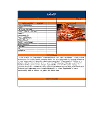 LASAÑA
                                                                                   PAX 10

     INGREDIENTES     UNIDAD                                         FOTOGRAFIA
PASTA DE LASAGNA
QUESO
CALDO DE GALLINA
LECHE CEBOLLA CABEZONA
HARINA
CARNE MOLIDA
PASTA DE TOMATE
PASTA DE AJO
QUESO PARMESANO
MANTEQUILLA
OREGANO
SAL
PIMIENTA

                                         PREPARACION
Cocinar en agua con sal y aceite la pasta. Preparar la salsa blanca: sofreír en 3 cucharadas de
mantequilla una cebolla rallada, añadir la harina y la leche. Salpimentar y revolver hasta que
espese. Preparar la salsa de carne: sofreír en mantequilla la carne con la cebolla rallada, la
pasta de ajo y los condimentos. Cuando dore, agregar el tomate y el caldo. Cocinar 15
minutos. Aparte, en moldes engrasados colocar una capa de pasta, una de salsa blanca, una
de queso blanco y una de carne. Repetir hasta cubrir el molde. Espolvorear el queso
parmesano y llevar al horno a 350 grados por media hora.



                                       OBSERVACIONES
 