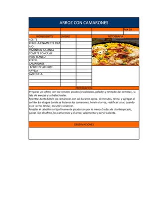 ARROZ CON CAMARONES
                                                                                    PAX 10

     INGREDIENTES     UNIDAD                                          FOTOGRAFIA
ACEITE
CEBOLLA FINAMENTE PICADA
AJO
PIMENTON JULIANAS
TOMATE CONCASSE
VINO BLANCO
PEREJIL
CAMARONES
ACEITE DE ACHIOTE
ARVEJA
AVICHUELA



                                           PREPARACION
Preparar un sofrito con los tomates picados (escaldados, pelados y retirados las semillas), la
lata de arvejas y las habichuelas.
Mientras tanto hervir los camarones con sal durante aprox. 10 minutos, retirar y agregar al
sofrito. En el agua donde se hicieron los camarones, hervir el arroz, rectificar la sal, cuando
este tierno, retirar, escurrir y reservar.
Mezclar el cebollín y el ajo finamente picado con por lo menos 5 cdas de cilantro picado,
juntar con el sofrito, los camarones y el arroz; salpimentar y servir caliente.



                                        OBSERVACIONES
 