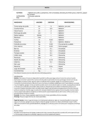 RECETA
NOMBRE : Ballotin de pollo y pistachos, mini ensalada, dressing de limón pica y cilantro, papel
de tomate.
CATEGORÍA : Entrada caliente
PAX : 5
INGREDIENTE UND/MED CANTIDAD OBSERVACIONES
Trutro largo de pollo Un 5 Ballotin, con piel
Crema fresca Lt 0.5 Ballotin
Clara huevo Un 2 Ballotin
Pechuga de pollo Uni 1 Ballotin
Salsa inglesa Gotas - Ballotin
Mostaza Cda - Ballotin
Coñac Lt 0.03 Ballotin
Pistachos Kg 0.1 Ballotin, Relleno
Cebolla brunoise Kg 0.05 Previamente sudada
Vino blanco Lt 0.05 Para apagar
Berros Kg 0.1 Ensalada
Endivia Kg 0.1 Ensalada
Tomate cóctel Kg 0.1 Ensalada
Limón pica Kg 0.2 Dressing
Mostaza Cda - Dressing
Aceite de oliva Lt 0.15 Dressing
Cilantro Kg 0.1 Dressing
Sal y pp Kg - Dressing
Maicena Kg 0.01 Papel
Jugo de tomate Tarro 1 Papel
Condimentos Kg - Papel
Desinfectar mesones ymanos antes del inicio deltrabajopráctico.
PREPARACION.
Ballotin: Descuerar el trutrosin desprender la pieldel muñón para luegocortar el trutro (sincortar el cuero),
deshuesar yreservar la piel enfrío. Cortar carne de pollo en parmentier (trutros ypechuga), marinar con sal, pp,
salsa inglesa, mostaza ycoñac. Aparte sudar enaceite de oliva la cebolla, apagar con vinoblancoyreducir.
Incorporar a la mezcla anterior. Mezclar la carne, las claras yla cebolla sudada para moler hasta obtener una pasta
lisa yhomogénea, agregar crema ypistachos picados, hacer una prueba de sabor cocinando una pequeña porciónde
la mezcla (una cucharada, para probar sabor ytextura), despuésde estorectificar condimentos ytextura si es
necesario. Disponer alusa plus sobre una tabla limpia, luegola piel del polloymanguear dentro de ellala farsade
pollocon pistachos. Enrollar segúnmuestra del instructor (dandoforma regular al trutro de pollo). Cocinar a baño
maría o vapor hasta obtener temperatura interna de 65°c aproximadamente 15-20 minutos. Enfriar ycortar para
posteriormente montar en el plato.
Ensalada: Sanitizar, limpiar vegetales segúntécnicas de clases aprendidas yformar ensalada.
Dressing:Preparar según técnicas de clasesaprendidas.
Papel de tomate: reducir jugode tomate a la mitadaproximadamente, ligar con maicena disuelta enunpocode
agua o vinoblanco, agregar sal, ppyorégano, después agregar mezcla enun silpat ydeshidratar a baja t° (120 a
140°c) durante 40 minutos aproximadamente, despegar de la silicona ycortar contijeraspara incorporar al montaje
del plato.
Puntos críticos:
Respetar lastemperaturas de trabajo yelaboraciónantes, durante ydespuésde la producción, preocuparse de que
la farsatenga la temperatura señalada, luegode esoenfriar rápidamente (abatir).
 