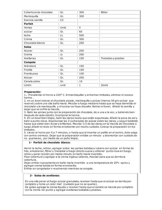 Cobertura de chocolate Gr. 300 Bitter
Mantequilla Gr. 300
Esencia vainilla CC
Parfait
Yemas Unid. 5
azúcar Gr. 60
leche Lt. 500
Crema Gr. 300
Chocolate blanco Gr. 200
Salsa
Azúcar Gr. 200
Crema cc 200
Avellanas Gr. 100 Tostadas y picadas
Compota
Arándano Gr. 100
Frutilla Gr. 100
Frambuesa Gr. 100
Azúcar Gr. 200
Canela polvo Gr. 10
Limón unid 1 Zeste
Preparación:
1.- Precalentar el horno a 220° C. Enmantequillar y enharinar timbales, eliminar el exceso
harina .
2. en un bowl colocar el chocolate picado, mantequilla y azúcar (menos 50 grs azúcar que
reservó) sobre una olla baño maria. Mezclar a fuego mediano hasta que se haya derretido el
chocolate y la mantequilla y el azúcar se haya disuelto. Retirar el bowl; Añadir la vainilla y
dejar que se enfríe la mezcla.
3. Batir las yemas junto con la preparación de chocolate, de a una a la vez, y batiendo bien
después de cada adición. Incorporar la harina.
4. En un bowl bien limpio, batir las claras hasta que estén espumosas. Añadir la pizca de sal y
batir a punto nieve. Espolvorear las 3 cucharadas de azúcar sobre las claras, y seguir batiendo
hasta que estén bien duras y brillantes. Mezclar 1/3 de las claras en la mezcla de chocolate y
luego añadir el resto en forma envolvente con mucho cuidado. Colocar la preparación en los
timbales.
5. Llevar al horno por 5 a 7 minutos, o hasta que al insertar un palillo en el centro, éste salga
con centro cremoso. Dejar que la preparación entibie un minuto y desmontar con cuidado de
no quemarse, por medio de un paño limpio.
1- Parfait de chocolate blanco:
Hervir la leche, retirar, agregar sobre las yemas batidas a rubans con azúcar en forma de
hilo, emulsionar, filtrar y trasladar a fuego directo suave y obtener punto rosa en fuego,
retira y parar cocción por medio minuto en baño maría invertido.
Picar cobertura y agregar a la crema inglesa caliente, mezclar para que se derrita la
cobertura.
Dejar enfriar nuevamente en baño maría invertido a una temperatura de 20°c aprox y
agregar crema batida en forma envolvente.
Enfriar en congelador ir revolviendo mientras se congela.
2- Salsa de avellanas:
En una olla poner al fuego azúcar granulada, revolver hasta que el azúcar se derrita por
completo y tome un color miel (cuidado que no se queme).
De golpe agregar la crema liquida y revolver hasta que el camelo se mezcle por completo
con la crema ver punto y agregar avellanas tostadas y picadas.
 