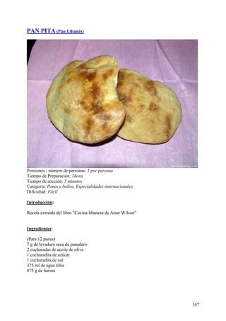 PAN PITA (Pan Libanés)




Porciones / número de personas: 1 por persona
Tiempo de Preparación: 1hora
Tiempo de cocción: 5 minutos
Categoría: Panes y bollos, Especialidades internacionales
Dificultad: Fácil

Introducción:

Receta extraída del libro "Cocina libanesa de Anne Wilson" MundoRecetas.com


Ingredientes:

(Para 12 panes)
7 g de levadura seca de panadero
2 cucharadas de aceite de oliva
1 cucharadita de azúcar
1 cucharadita de sal
375 ml de agua tibia
875 g de harina
MundoR
ecetas.com




                                                                              157
 