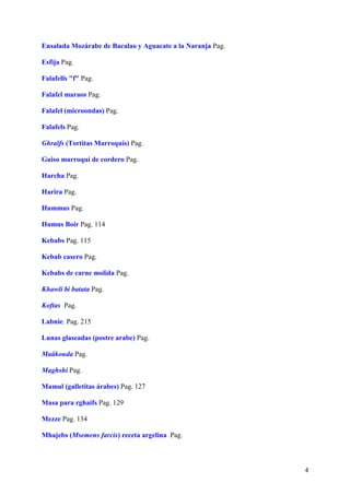 Ensalada Mozárabe de Bacalao y Aguacate a la Naranja Pag.

Esfija Pag.

Falafells "f" Pag.

Falafel maraos Pag.

Falafel (microondas) Pag.

Falafels Pag.

Ghraïfs (Tortitas Marroquís) Pag.

Guiso marroquí de cordero Pag.

Harcha Pag.

Harira Pag.

Hummus Pag.

Humus Boir Pag. 114

Kebabs Pag. 115

Kebab casero Pag.

Kebabs de carne molida Pag.

Khawli bi batata Pag.

Koftas Pag.

Labnie. Pag. 215

Lunas glaseadas (postre arabe) Pag.

Maâkouda Pag.

Maghshi Pag.

Mamul (galletitas árabes) Pag. 127

Masa para rghaifs Pag. 129

Mezze Pag. 134

Mhajebs (Msemens farcis) receta argelina Pag.



                                                            4
 