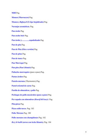 Milfi Pag.

Msmen (Marruecos) Pag.

Msmen o Rghayef (Crêpe hojaldrado) Pag.

Naranjas aromáticas. Pag.

Pan árabe Pag.

Pan arabe boir Pag.

Pan árabe y...............españolizado Pag.

Pan de pita Pag.

Pan de Pita (Otra versión) Pag.

Pan de pitas Pag.

Pan de tunez Pag.

Pan Marroquí Pag.

Pan pita (Pan Libanés) Pag.

Pañuelos marroquíes (paso a paso) Pag.

Pastas árabes Pag.

Pastela moruna (Thermomix) Pag.

Pastel oriental de carne Pag.

Pastila de almendras y pollo Pag.

Pechugas de pollo mozárabes (paso a paso) Pag.

Pez espada con almendras (Bousif bil louze) Pag.

Pita-pizza Pag.

Pizza estilo turco. Pag. 183

Pollo Moruno Pag. 180

Pollo moruno con champiñones Pag. 182

Rezz bi halîb (arroz con leche libanés). Pag. 184



                                                    5
 
