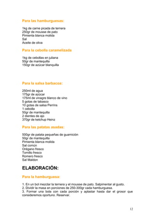 Para las hamburguesas:
1kg de carne picada de ternera
250gr de mousse de pato
Pimienta blanca molida
Sal
Aceite de oliva
Para la cebolla caramelizada
1kg de cebollas en juliana
50gr de mantequilla
150gr de azúcar blanquilla
Para la salsa barbacoa:
250ml de agua
175gr de azúcar
175ml de vinagre blanco de vino
5 gotas de tabasco
10 gotas de salsa Perrins
1 cebolla
50gr de mantequilla
2 dientes de ajo
370gr de ketchup Heinz
Para las patatas asadas:
500gr de patata pequeñas de guarnición
50gr de mantequilla
Pimienta blanca molida
Sal común
Orégano fresco
Tomillo fresco
Romero fresco
Sal Maldon
ELABORACIÓN:
Para la hamburguesa:
1. En un bol mezclar la ternera y el mousse de pato. Salpimentar al gusto.
2. Dividir la masa en porciones de 250-300gr cada hamburguesa.
3. Formar una bola con cada porción y aplastar hasta dar el grosor que
consideremos oportuno. Reservar.
12
 