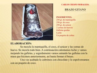 ANDREA FLORES MIGUELPOLLO A LA NARANJAINGREDIENTES: El zumo de 2 naranjas.½ kg. De pechugas de pollo.1 cebolla pequeña.½ pimiento verde..1 zanahoria.½ cucharada de harina.½ vaso de vino pequeño.Un chorrito de brandy o coñac.Sal, aceite y agua.ELABORACIÓN:	Se trocea el pollo y se sofríe. Luego se aparta. En el mismo aceite se fríen el pimiento verde y el rojo, la cebolla y la zanahoria en trozos pequeños. Cuando esté todo frito se le añade la harina, la naranja, el vino, el brandy, un vaso pequeño de agua y sal. Se le da un hervor y luego se pasa por la batidora. Después se le añade el pollo y se deja hervir todo junto, a fuego lento aproximadamente  ½ hora.
