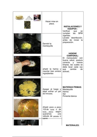 Hacer mise en
      place.
                        INSTALACIONES Y
                             EQUIPOS :
                       Verificar   que   se
                       cumplan las BPM
                       vigentes.
                       Lavado desinfección,
                       antes de iniciar la
                       preparación.
Derretir la
mantequilla


                          HIGIENE
                        CORPORAL:
                   El manipulador con
                   buena salud, postura
                   correcta    y   manos
                   limpias, las cuales se
                   debe lavar cada vez
añadir la harina y que      cambie     de
mezclar bien ambos activad.
ingredientes




                     MATERIAS PRIMAS:
Apagar el fuego y Mantequilla
dejar enfriar un par Harina
de minutos.          Sal
                     Pimienta blanca




Añadir poco a poco
1/2l.de fumet o de
fondo  blanco según
queramos         una
veloute de pescado o
carne


                          MATERIALES:
 
